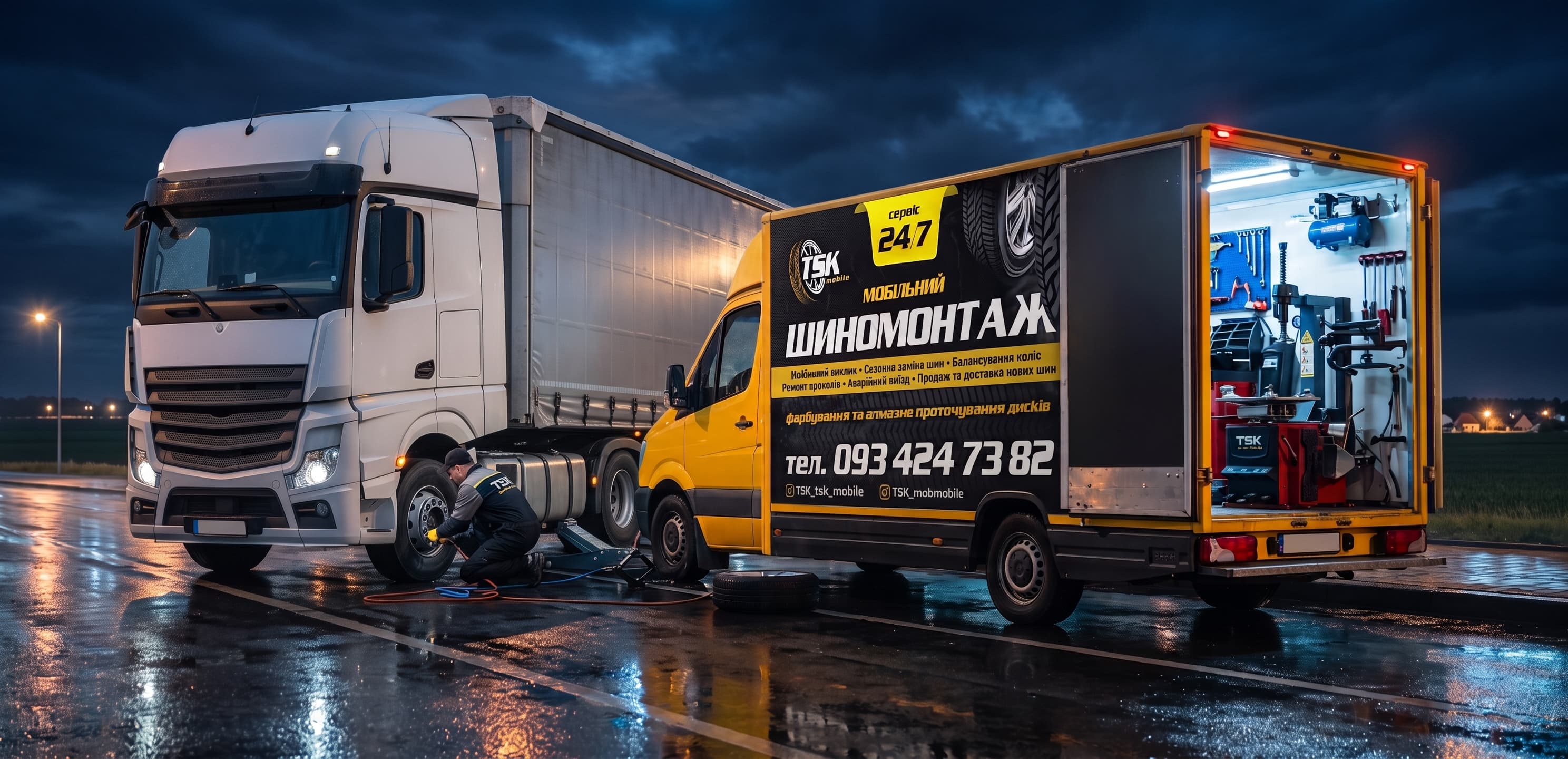 Майстер TSK mobile міняє колесо фури вночі на трасі, поруч фірмовий сервісний фургон